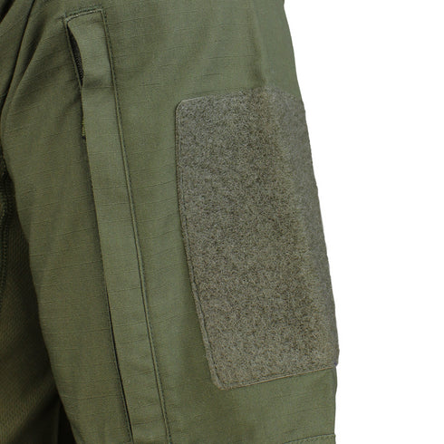 Close-up of the upper sleeve of the Condor Long Sleeve Combat Shirt - Scorpion OCP, highlighting a rectangular Velcro patch and side pocket—ideal features for law enforcement or military use.